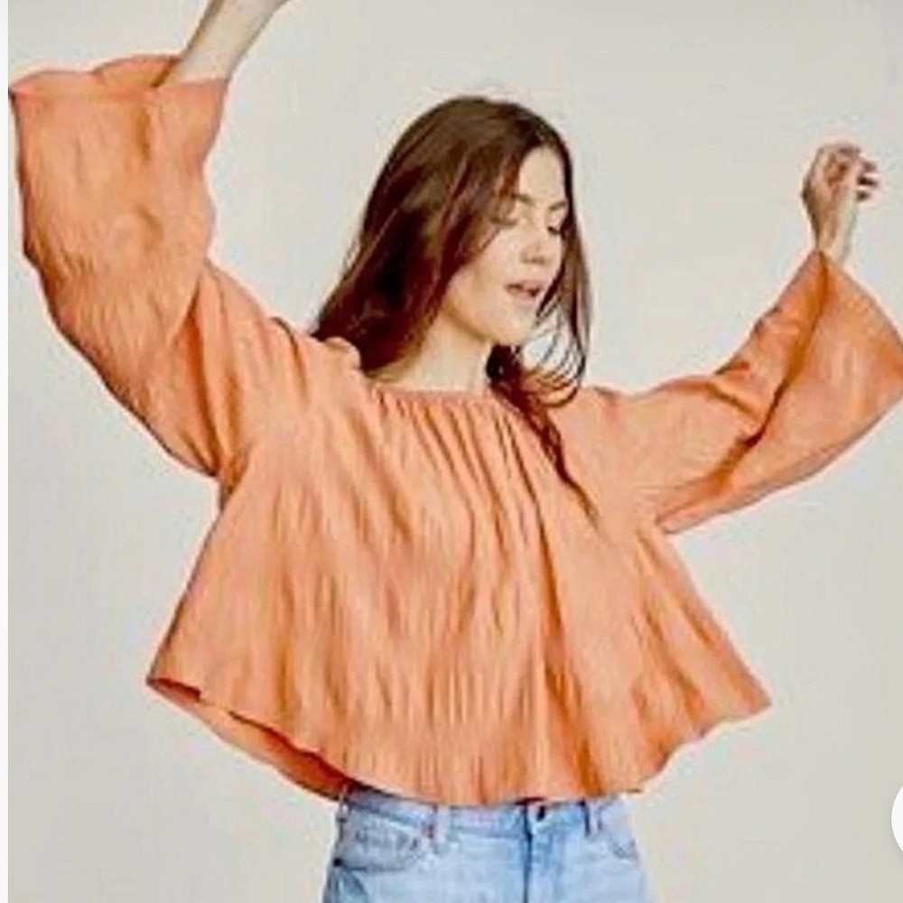 Elizabeth & James Ruched Orange Off Shoulder Long Sleeve Blouse Boho Top Size XL